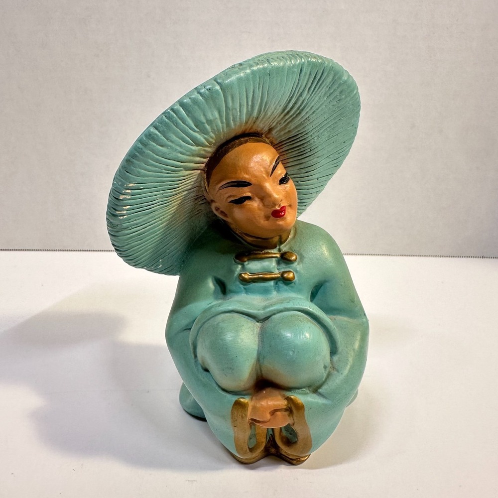 Vintage Turquoise Asian Woman Ceramic Figurine Large Hat Gold Accent 1950s